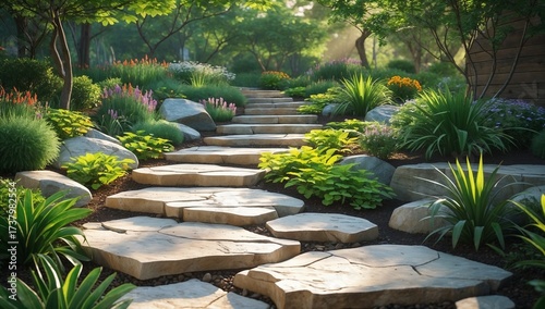 A scenic pathway made of stone steps winds through a vibrant garden filled with various plants and flowers. Sunlight filters through the trees, creating a peaceful atmosphere
