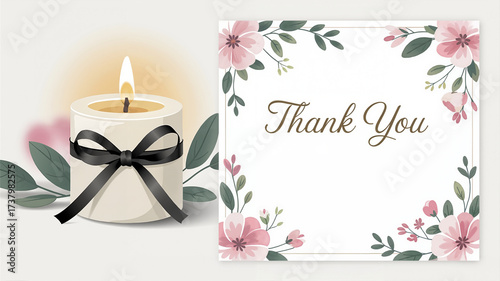 A beautiful candle sits beside a thank you card adorned with floral designs. The soft glow of the candle adds warmth to the message of appreciation, highlighting the thoughtful gesture
