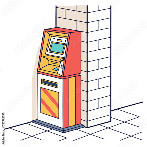 Colorful A T M machine next to brick wall cash machine