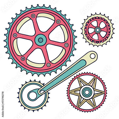 Colorful bicycle chainrings and crank arm art gear