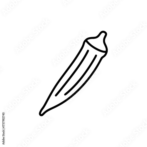 Minimalistic black line drawing of a single okra pod