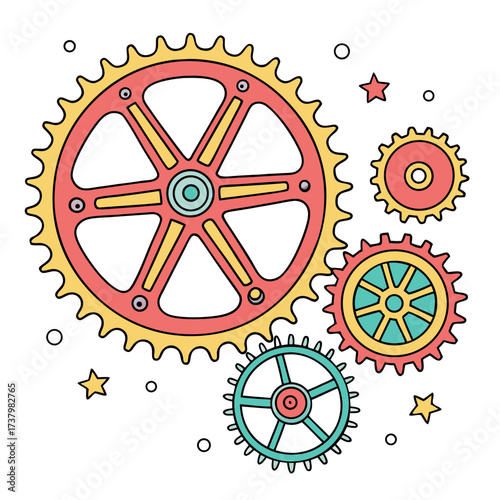 Colorful bicycle gears and stars graphic cogs machine parts