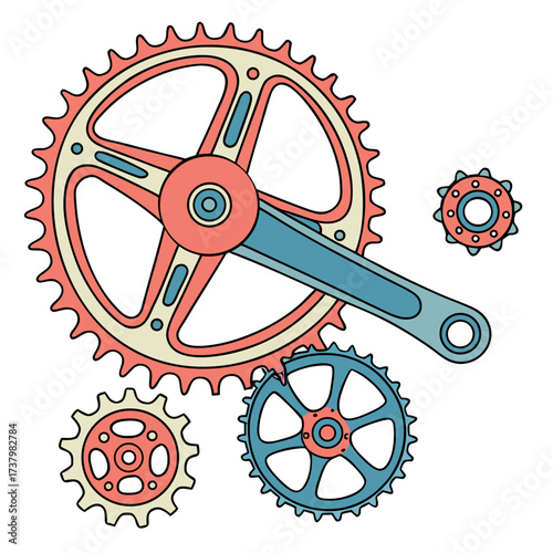 Colorful bicycle gears and crankset illustration chainring