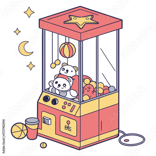 Colorful cartoon claw machine with plush toys and prizes