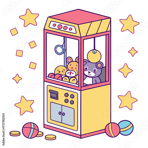 Colorful cartoon claw machine with plush toys and stars