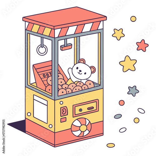 Colorful cartoon claw machine with teddy bear and prizes
