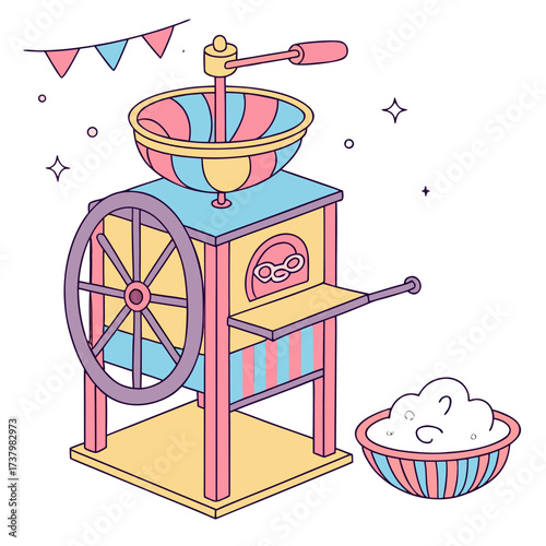 Colorful cartoon cotton candy machine with bowl of candy floss