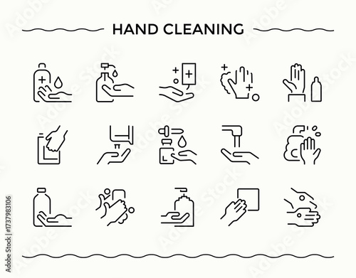 Hand Cleaning icon set. Dryer Wash icon set. Minimal icons collection. Contain linear sign cleaning, cleaner, bath, bathing, washing and more. Signs for web and mobile app.