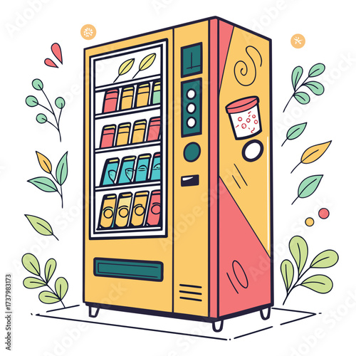 Colorful cartoon vending machine with drinks and leaves