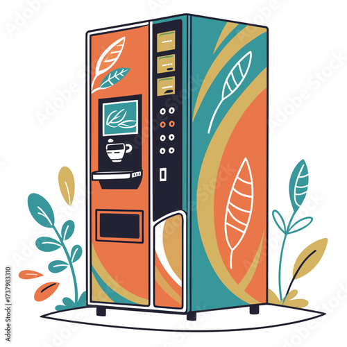 Colorful coffee vending machine with leaf motifs drink