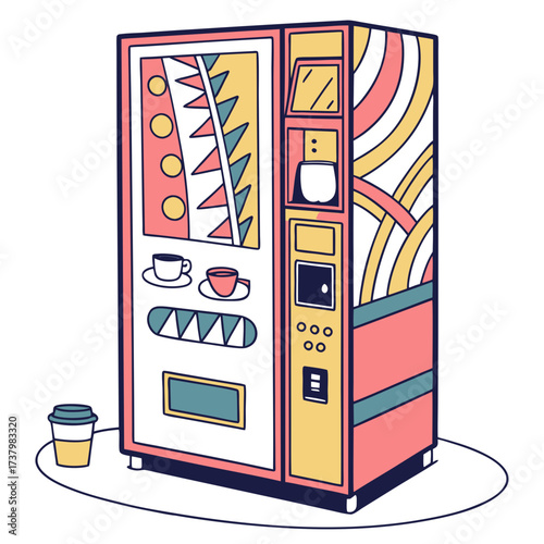 Colorful coffee vending machine with cups and takeout cup