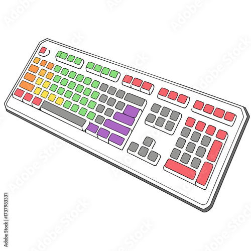 Colorful computer keyboard with red green yellow purple keys