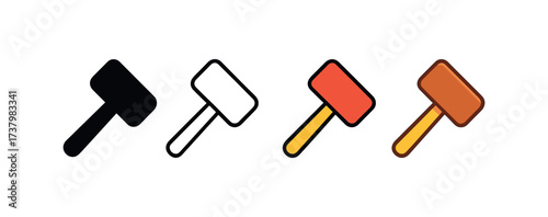 Vector icon mallet four styles black solid glyph outline minimal flat multicolor filled cartoon flat shaded.