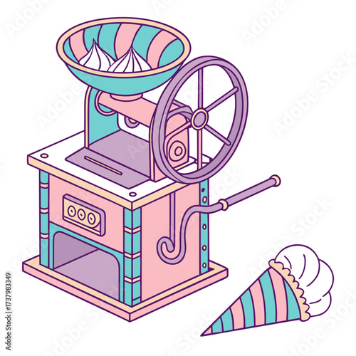 Colorful cotton candy machine and ice cream cone sweet
