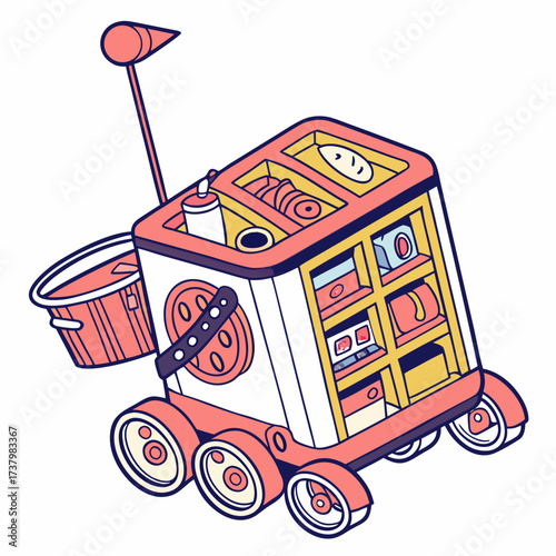 Colorful delivery robot with wheels and compartments