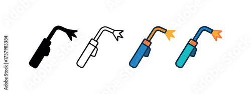 Vector icon welding torch four styles black solid glyph outline minimal flat multicolor filled cartoon flat shaded.