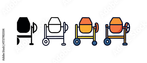 Vector icon concrete mixer four styles black solid glyph outline minimal flat multicolor filled cartoon flat shaded.
