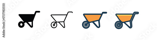 Vector icon wheelbarrow four styles black solid glyph outline minimal flat multicolor filled cartoon flat shaded.