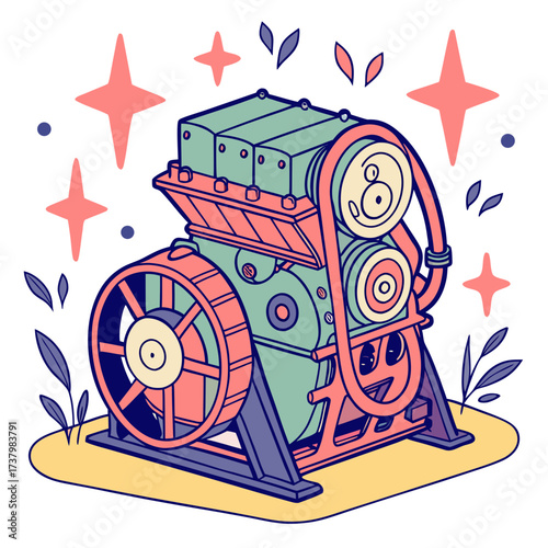 Colorful engine with stars and leaves machine motor