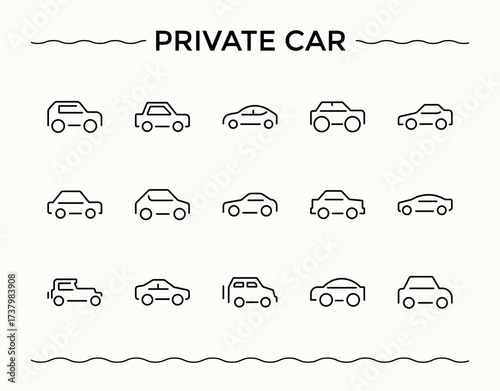 private car line icon set. Minimal icons set. Editable vector illustration. Repair modern icon set. Included vehicle, auto, auto parts, parts, service and more.