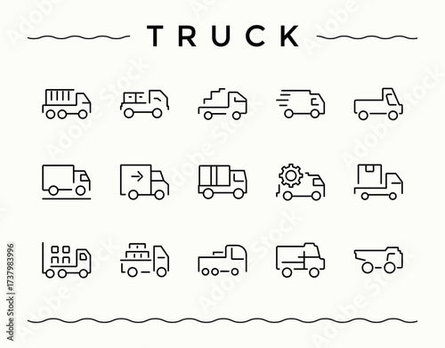 Truck line icon set. Transportation icon set. Contain linear sign shipment, logistic, automobile, transportation, transport, shipping, van and more. Signs for web and mobile app.