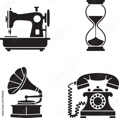 Vintage Icons Sewing Machine, Hourglass, Gramophone, Phone