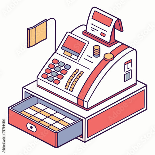Colorful isometric cash register with open drawer and receipt