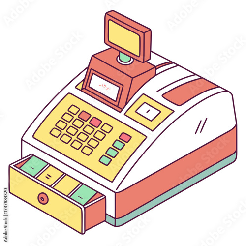 Colorful isometric cash register with open drawer electronic cash register