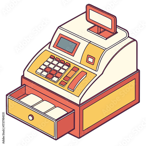 Colorful isometric cash register with open drawer isolated