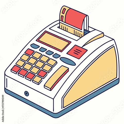 Colorful isometric cash register with receipt till