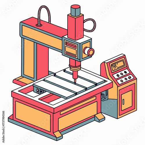 Colorful isometric cnc machine with control panel industrial