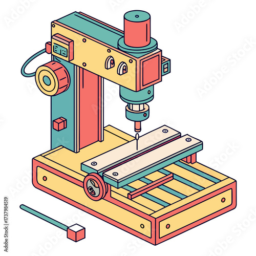 Colorful isometric milling machine with drill bit industrial