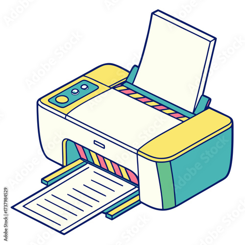Colorful isometric office printer with paper output