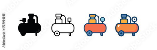 Vector icon air compressor four styles black solid glyph outline minimal flat multicolor filled cartoon flat shaded.