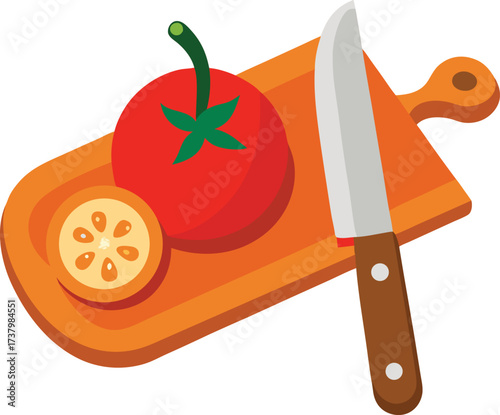 Wooden cutting board with a knife and sliced tomato illustration