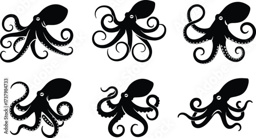 Black octopus silhouette vector set with curled tentacles, marine animal icons ideal for ocean design, biology, and graphic projects.