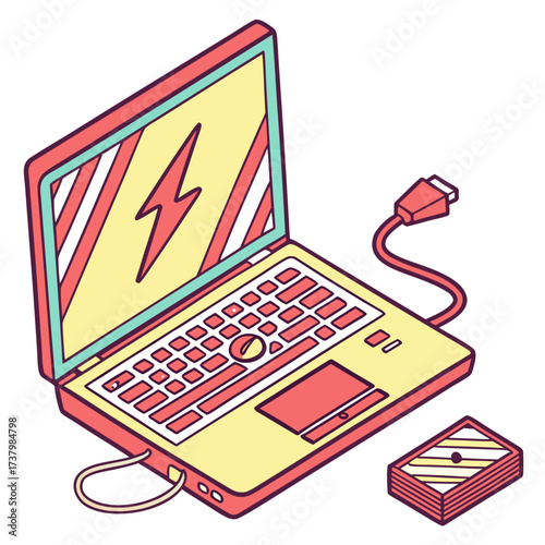 Colorful laptop computer with lightning bolt and charging cable