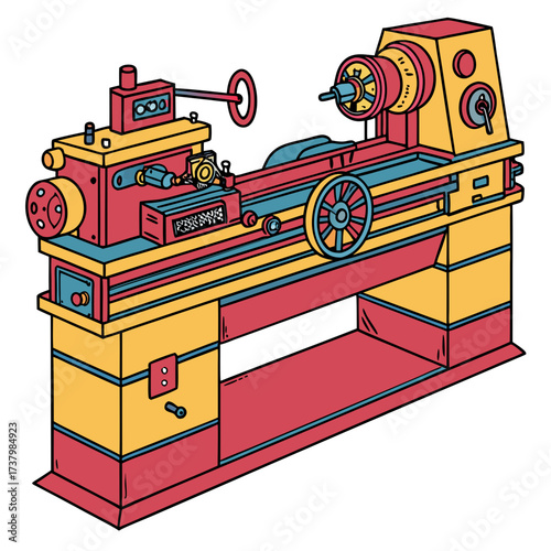 Colorful lathe machine with red yellow and blue industrial equipment