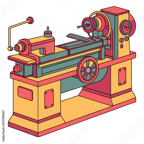 Colorful lathe machine with red yellow and teal industrial equipment 1