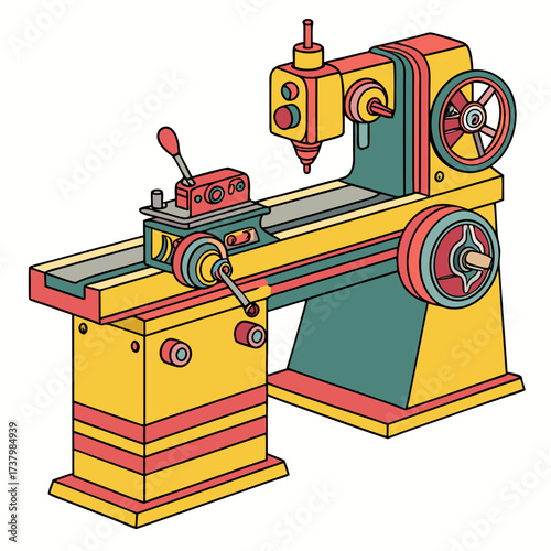 Colorful lathe machine with red yellow and teal industrial equipment