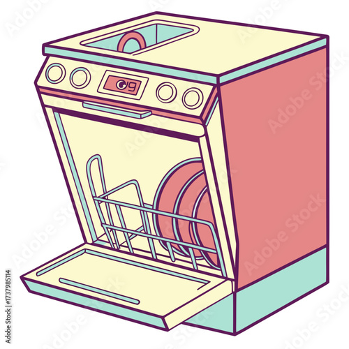 Colorful open dishwasher with plates and controls kitchen appliance