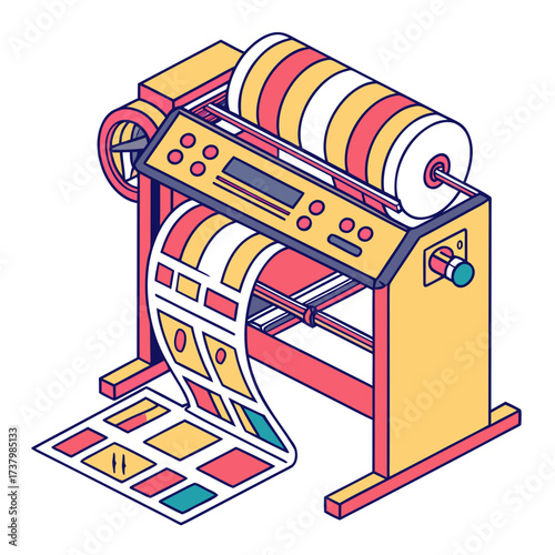 Colorful printing machine with paper output illustration