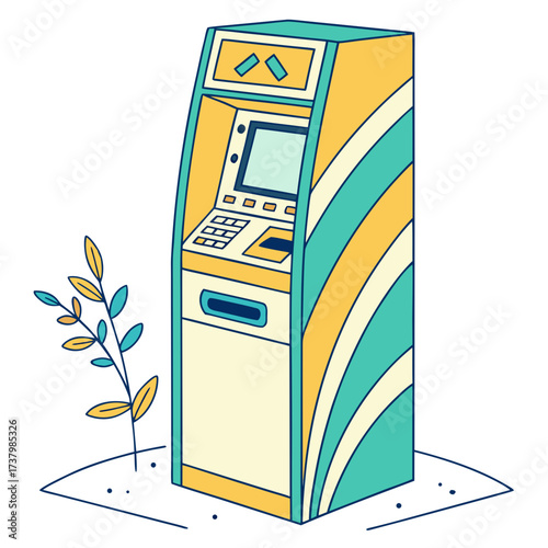 Colorful retro atm machine with plant cash machine