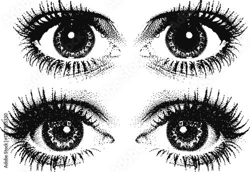 eye with halftone stipple brutalist retro vector. eyelashes isolated halftone dots texture black white bitmap retro vintage pop art style collage element for mixed media modern crazy design