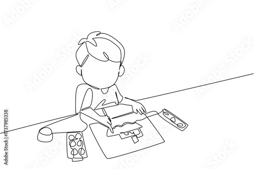 Single continuous line drawing a boy looking up while drawing and holding colorful paints and a watercolor palette. Freeing children to be creative. Drawing Day. One line design vector illustration