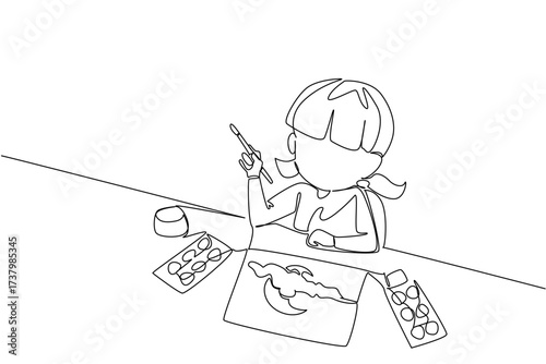 Single one line drawing a girl looking up while drawing and holding colorful paints and watercolor palette. First ideas about the environment. Drawing Day. Continuous line design graphic illustration