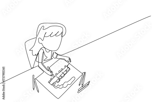 Continuous one line drawing a girl drawing a train and colorful pencils scattered around. Imagination with anti traffic jam vehicles. Learn. Drawing Day. Single line draw design vector illustration