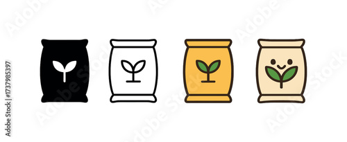Vector icon fertilizer bag four styles black solid glyph outline minimal flat multicolor filled cartoon flat shaded.