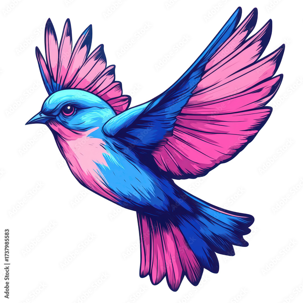Obraz premium Colorful illustration of a vibrant bird in flight, isolated on transparent background, showcasing its blue body and pink wings in a dynamic pose
