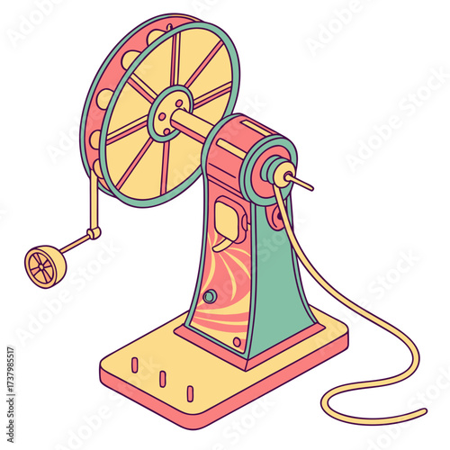 Colorful retro machine with large wheel and crank vintage